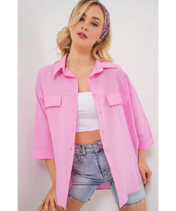 Cep Detaylı Kısa Kol Gömlek 20317 - Pembe