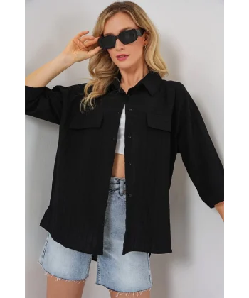 Cep Detaylı Kısa Kol Gömlek 20317 - Siyah