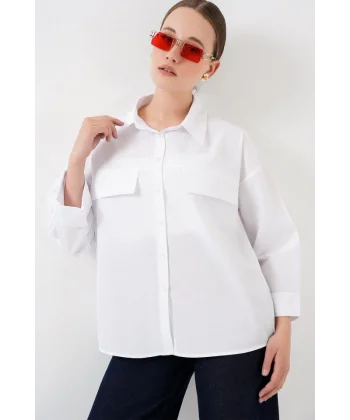 Cep Detaylı Oversize Gömlek 20313 - Beyaz