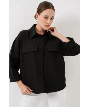 Cep Detaylı Oversize Gömlek 20313 - Siyah