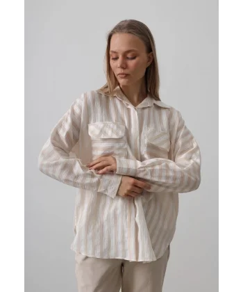 Cep Detaylı Oversize Gömlek - Bej