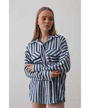 Cep Detaylı Oversize Gömlek - Lacivert