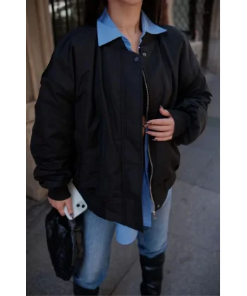 Cepli Bomber Ceket Mont - Siyah