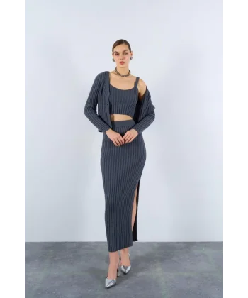 Cepli Düğmeli Üçlü Takım  Açık Füme