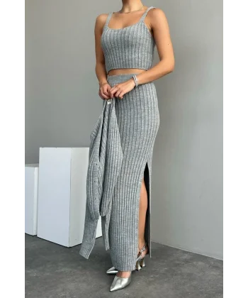 Cepli Düğmeli Üçlü Takım  Açık Gri