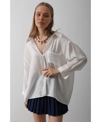 Cepli Oversize Gömlek - Beyaz