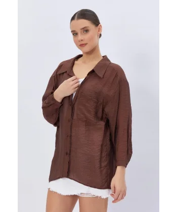 Cepli Oversize Gömlek - Kahve