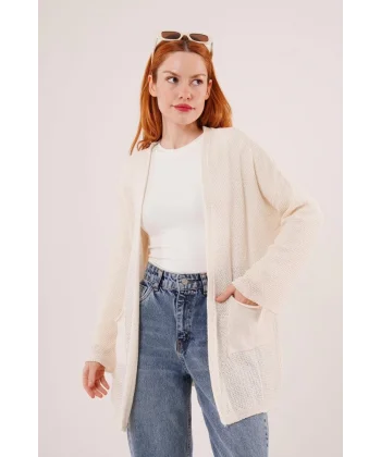 Cepli Salaş Model Triko Uzun Krem Hırka