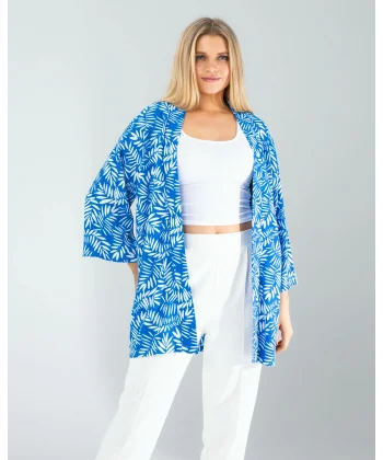 Çiçek Desen Mavi Kimono