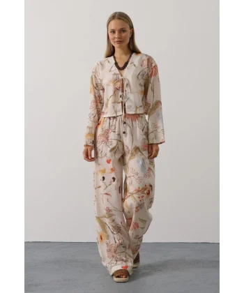Çiçek Desen Önü Bağlamalı Pantolon Takım - Taş
