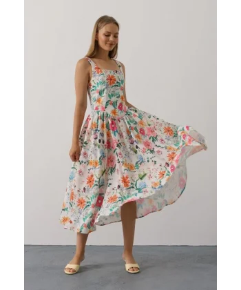 Çiçek Desenli Askılı Elbise - Pembe Çiçek