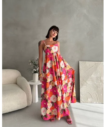 Çiceklı Askılı Maxı Boy Kadın Elbise