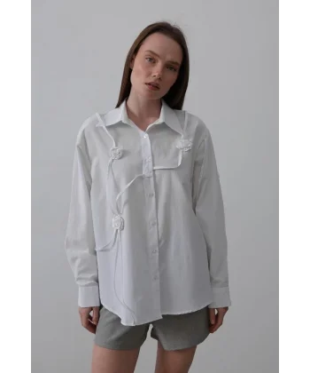 Çiçekli Oversize Gömlek  Beyaz