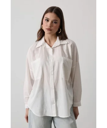 Çift Cepli Uzun Kol Gömlek  Beyaz