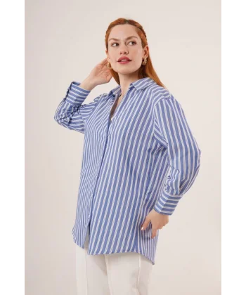 Çift Çizgi Geçişli Düğmeli avi Gömlek