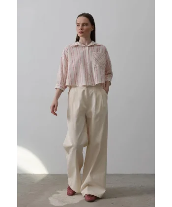 Çift Pileli Palazzo Pantolon - Natür