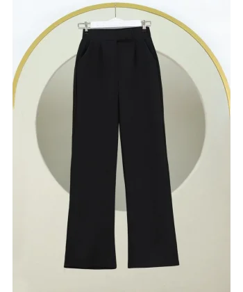 Cırtlı Fermuarlı Palazzo Pantolon -Siyah