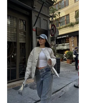 Cıt Cıt Detaylı Çepli Ceket Mont- Beyaz