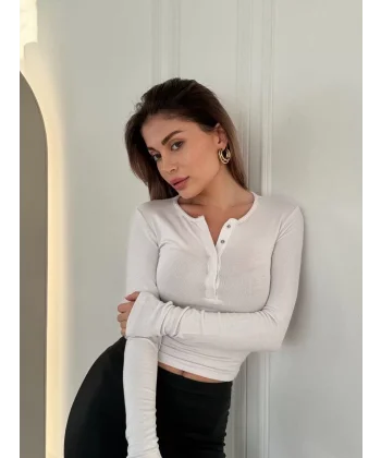 Cıt Cıt Detaylı Uzun Kollu Crop - Beyaz