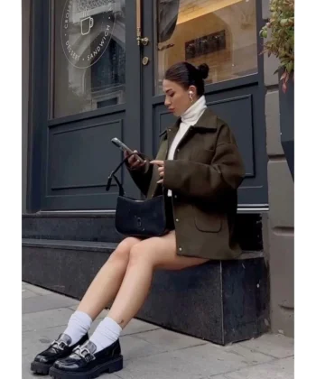 çıt çıt Kapama Kaşe Kaşmir Kumaş Cep Ve Düğme Detay Oversize Bleazer Bol Kesim Kalın Pinterest Ceket ont  Haki