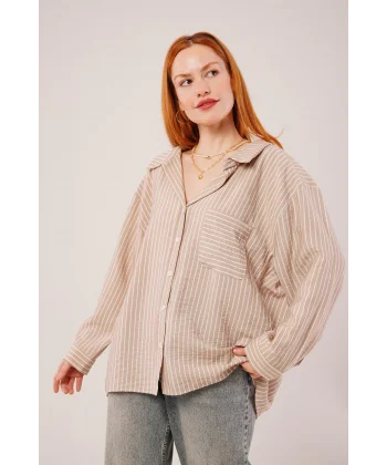 Çizgi Detaylı Cepli Camel Gömlek