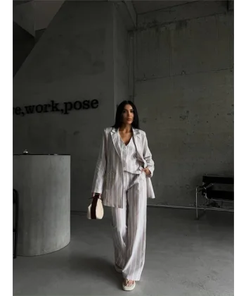 ÇİZGİİ CEKET KETEN  Bej