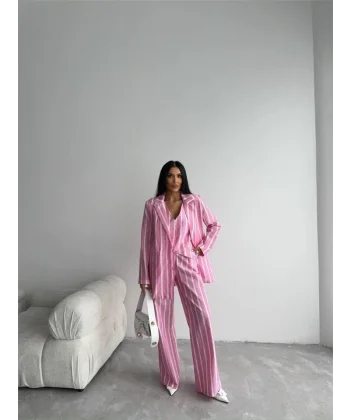 ÇİZGİİ CEKET KETEN  Pembe