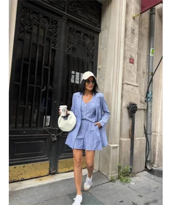 ÇİZGİİ KETEN CEKET YEEK ŞORT TK  avi