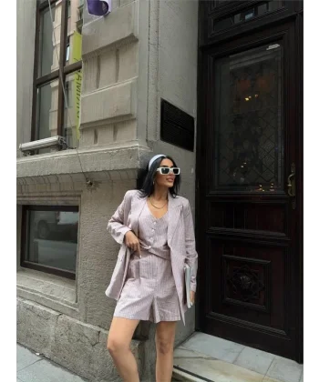 ÇİZGİİ KETEN CEKET YEEK ŞORT TK  Kahverengi