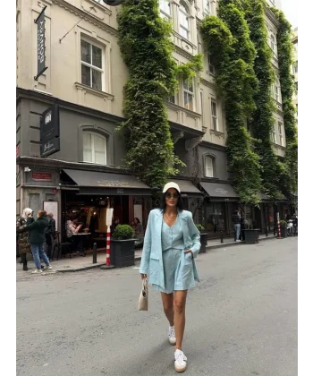 ÇİZGİİ KETEN CEKET YEEK ŞORT TK  Yeşil