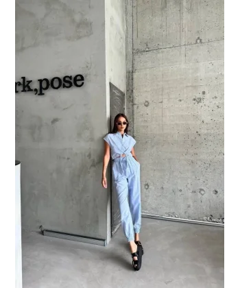 ÇİZGİİ KETEN KOUZ CROP PANTOON TAKI  avi