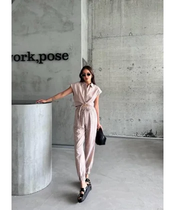 ÇİZGİİ KETEN KOUZ CROP PANTOON TAKI  Kahverengi