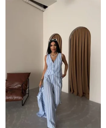 ÇİZGİİ KETEN YEEKPANTOON TAKI  avi