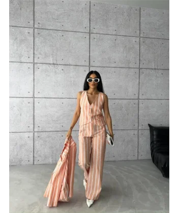 ÇİZGİİ KETEN YEEKPANTOON TAKI  Orange