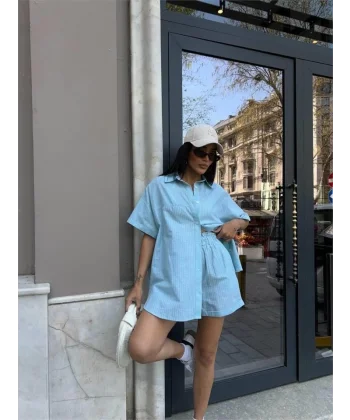 ÇİZGİİ PARÇAI KETEN GÖEKŞORT TAKI  Yeşil