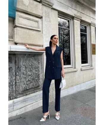 ÇİZGİİ UZUN YEEK  PANTOON TAKI POVİCON  acivert