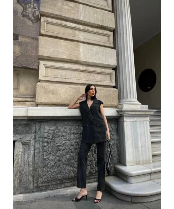 ÇİZGİİ UZUN YEEK  PANTOON TAKI POVİCON  Antrasit