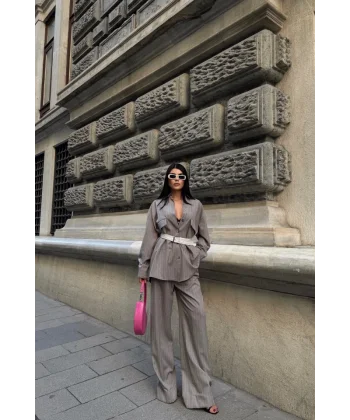 ÇİZGİLİ ARKA TASARIM  DETAYLI  GÖMLEK-PANTOLON TK - Gri