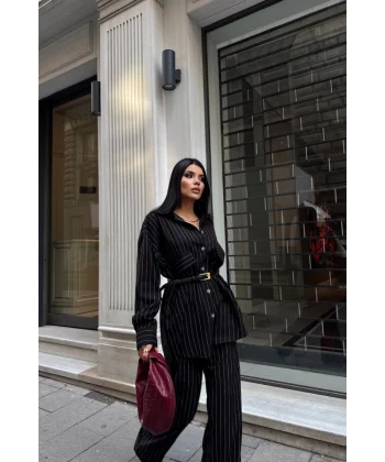 ÇİZGİLİ ARKA TASARIM  DETAYLI  GÖMLEK-PANTOLON TK - Siyah
