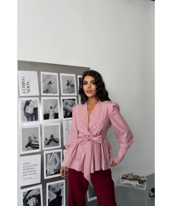 ÇİZGİLİ BAĞLAMA DETAYLI KRUVAZE POPLİN GÖMLEK - Bordo