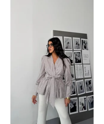 ÇİZGİLİ BAĞLAMA DETAYLI KRUVAZE POPLİN GÖMLEK - Kahverengi