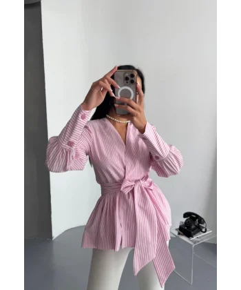 ÇİZGİLİ BAĞLAMA DETAYLI KRUVAZE POPLİN GÖMLEK - Pembe