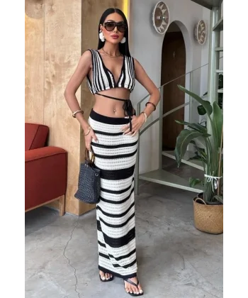 Çizgili Bikini Üst Ve Etek Triko Takım 10110