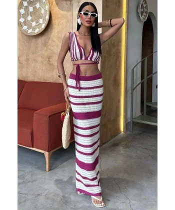 Çizgili Bikini Üst Ve Etek Triko Takım 10110