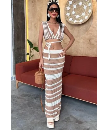 Çizgili Bikini Üst Ve Etek Triko Takım 10110