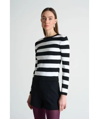 Çizgili Bisiklet Yaka Kazak  SiyahBeyaz