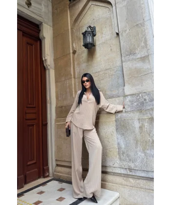 ÇİZGİLİ BLUZ  - PANTOLON TAKIM - Bej