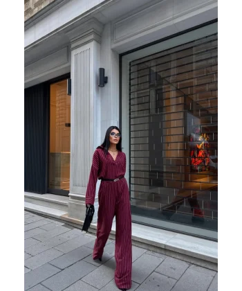 ÇİZGİLİ BLUZ  - PANTOLON TAKIM - Bordo