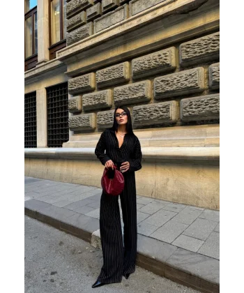 ÇİZGİLİ BLUZ  - PANTOLON TAKIM - Siyah