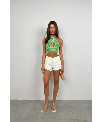 Çizgili Boyun Bağlamalı Crop